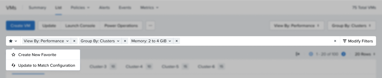 Favorites filter bar and save dropdown interface